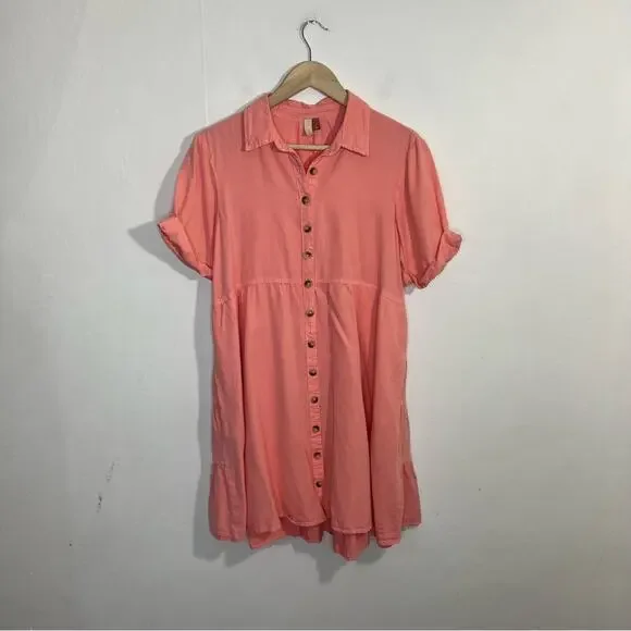 Anthropologie Pilcro Suzanne Peach Coral Pink Button-Up Shirt Dress Size Small - Picture 2 of 15